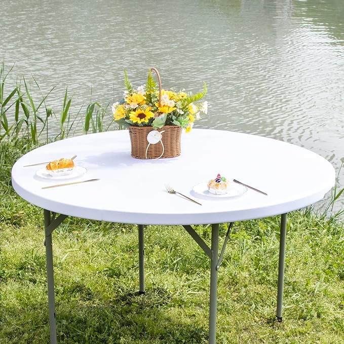 Round Fitted Table Cover Elastic Tablecloth 5ft Stretch Spandex Table Top Cover for Dining Indoor Outdoor Party White 60 Inch