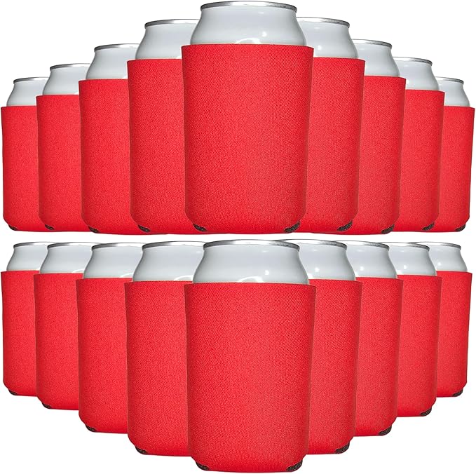 TahoeBay Bulk Blank Beer Can Cooler Sleeves (50-Pack) Sublimation Blanks for Vinyl Plain Soft Foam Can Sleeves Coolers for Soda Cans & Bottles Black, White, Assorted Solid Color (Red)