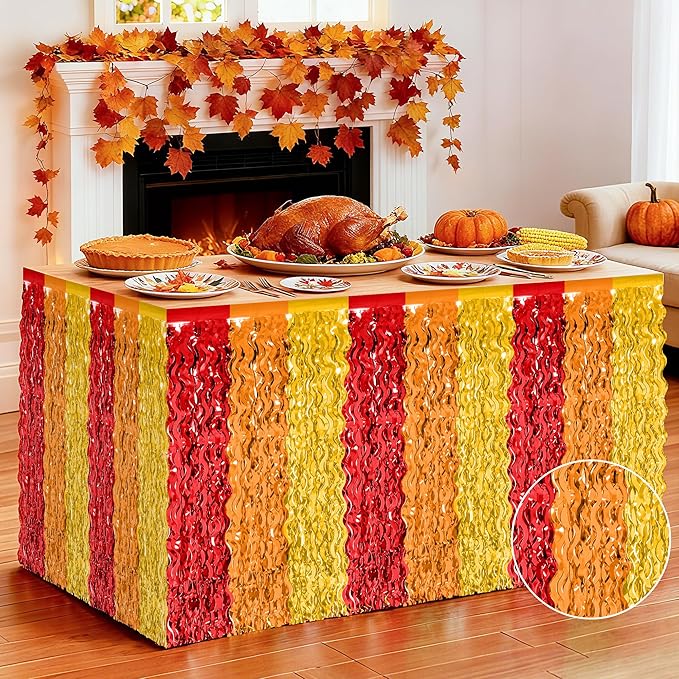 Thanksgiving Table Skirt Decor, 2 Pack Red Orange Gold Desk Skirts Decorations, Metallic Thanksgiving Wavy Tinsel Foil Fringe Table Skirts, Foli Table Skirt for Fall Holiday Party Backdrop Decor
