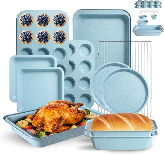 11-Piece Nonstick Baking Pans Set - Professional Grade Carbon Steel Bakeware with Premium Coating- Dishwasher Safe, Stackable, Oven Safe to 450°F (Slight Blue)