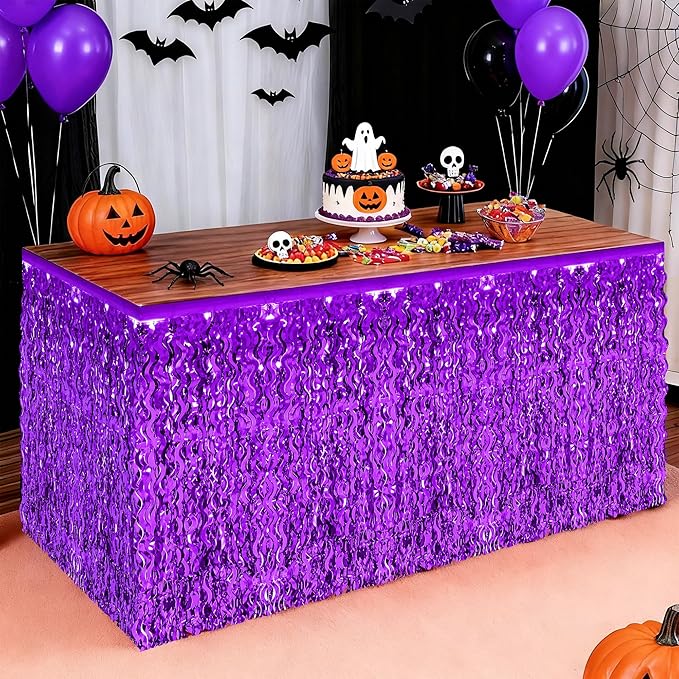 Mardi Gras Table Skirt, 2 Pack Purple Foil Grass Table Skirt, Halloween Metallic Wavy Tinsel Foil Fringe Table Skirts, Table Skirts for Halloween Graduations Mardi Gras Parade Party Decor