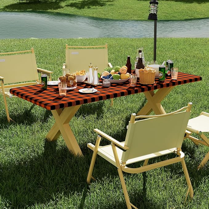 Smiry Picnic Table Cloth 2 Pack, Waterproof Elastic Fitted Tablecloths for 8FT Rectangle Tables, Washable Polyester Buffalo Plaid Tablecloth for Camping, Dining & Outdoor (Black & Orange, 30" x 96")