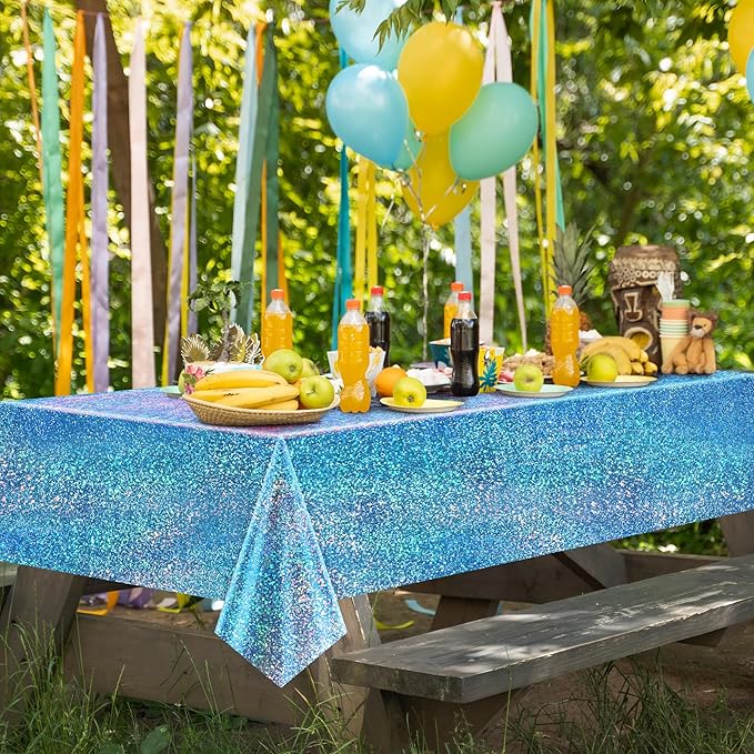 Just Shimmer Sparkling Holographic Laser Tablecloth - Shimmering, Waterproof, Easy to Clean - Ideal for Bachelorette, Birthday, Wedding, and Anniversary Party Decorations (Light Blue & Silver, 2)