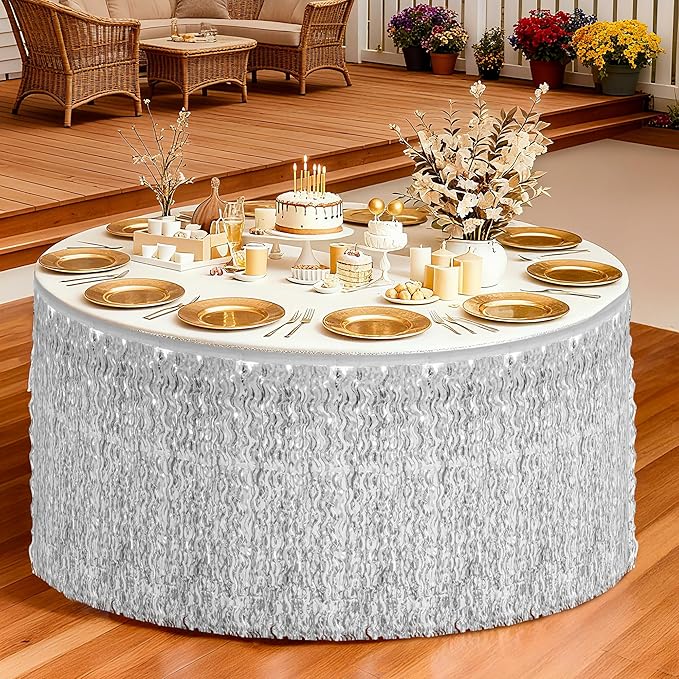 2 Pack Silver Desk Skirt, Metallic Grass Skirt for Table, Birthday Wavy Tinsel Foil Fringe Table Skirts, Foil Table Skirts for Christmas Wedding Birthday Indoor Party Celebrations Decor