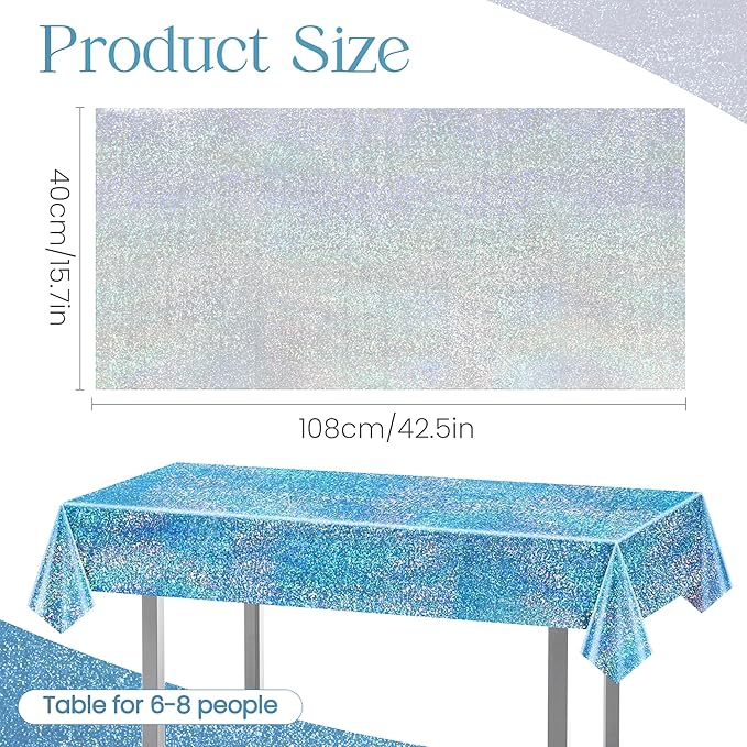 Just Shimmer Sparkling Holographic Laser Tablecloth - Shimmering, Waterproof, Easy to Clean - Ideal for Bachelorette, Birthday, Wedding, and Anniversary Party Decorations (Light Blue & Silver, 2)