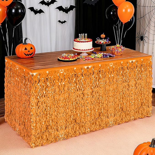 2 Pack Halloween Table Skirt Decor, Orange Fall Foil Grass Skirt for Table, Metallic Wavy Tinsel Foil Fringe Table Skirts, Table Curtain Skirts Thanksgiving Graduations Wedding Birthday Indoor Party