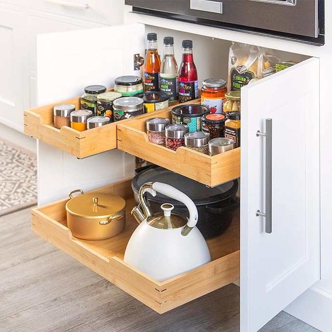 HOLDN’ STORAGE Bamboo Wooden Pull out Cabinet Organizer 20"W x 21"D Requires At Least a 21.25"W x 21"D Cabinet Opening W/Lifetime Limited Warranty, Bamboo Tray and Heavy Gauge Metal Rails
