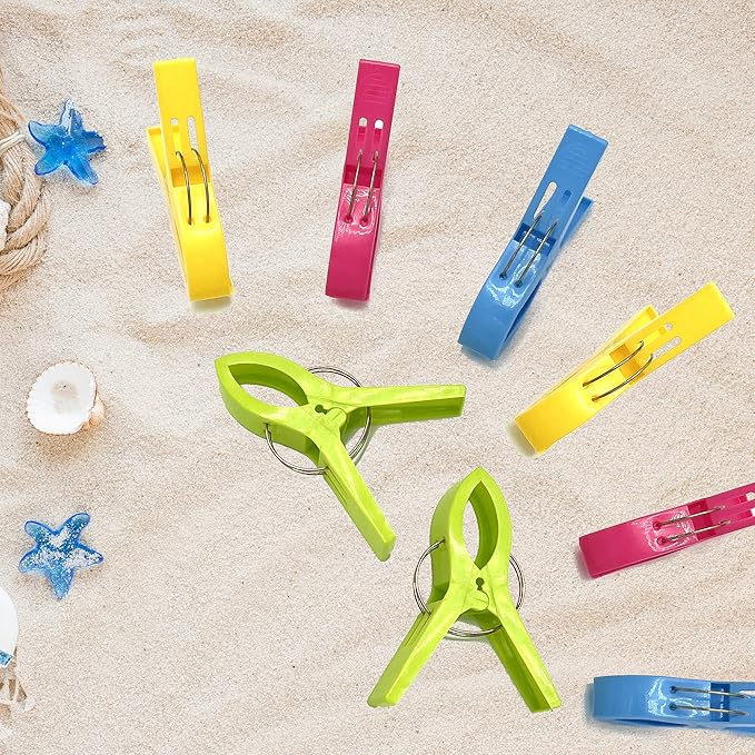 PERFORMORE 16 Pack Beach Towel Clips, Mixed Color (Blue, Green, Yellow, Pink) Jumbo Size Plastic Clothespins Hanging Clips Clamps, Towel Holder Clips for Beach, Pool Chairs on Cruise