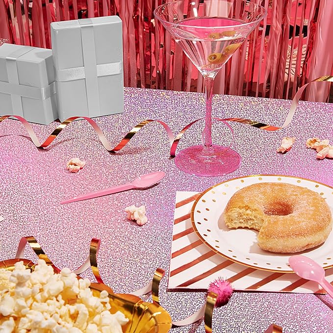 PalePink & Silver Holographic Tablecloth 40" x 108" Hot Pink Party Decoration Valentine's Day Birthday Party Table Decor Iridescence Plastic Table Cloth for Baby Shower Bachelorette Party Supplies