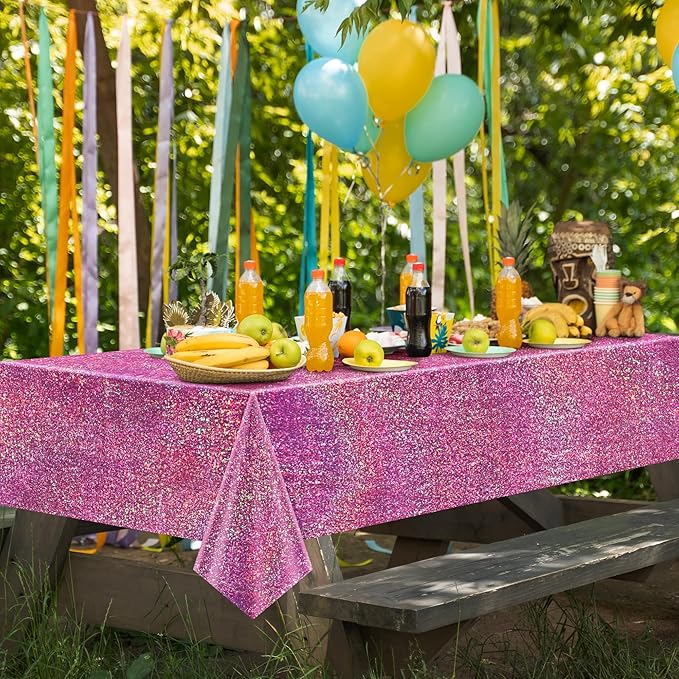 Just Shimmer Pink & PalePink Holographic Tablecloth 40" x 108" Hot Pink Party Decoration Birthday Party Table Decor Iridescence Plastic Table Cloth for Baby Shower Bachelorette Party Supplies