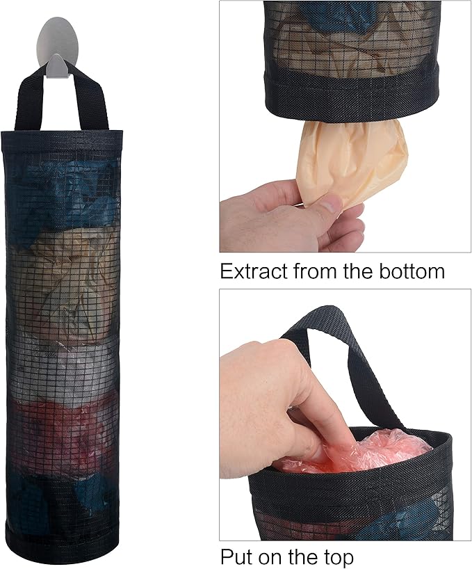 Mesh Garbage Bag Sulimy Plastic Bag Holder Dispensers 2pcs Folding Hanging Storage Trash bags Holders Organizer Recycling Grocery Pocket Containers with 2 Hooks for Home and Kitchen Black