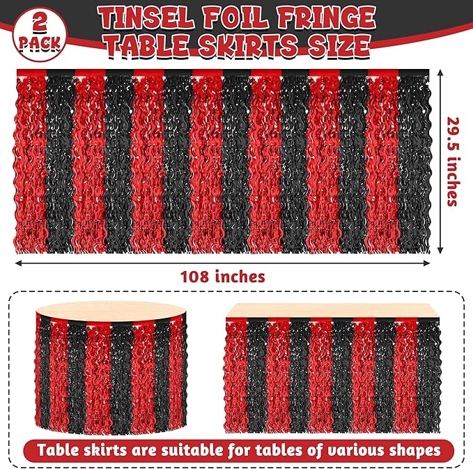 2 Pack 2026 Graduation Party Decorations Desk Skirt, Red Black Desk Grass Skirt for Table, Grad Metallic Wavy Tinsel Foil Fringe Table Skirts, Foil Table Skirt for Birthday Party Class of 2026 Decor
