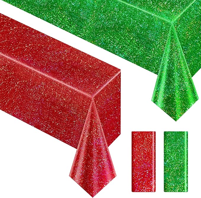 2 pcs Christmas Table Cloth 40" x 108" Red and Green Holographic Laser Tablecloth Iridescence Shining Plastic Disposable Party Table Decoration For Holiday Event Birthday Party Decor Supplies
