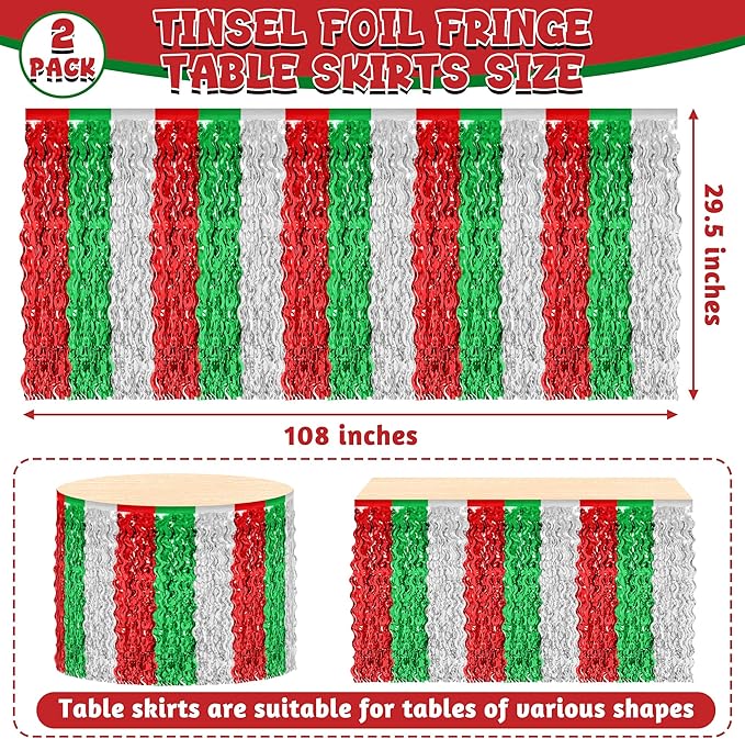 Christmas Table Skirt, 2 Pack Red Silver Green Desk Skirts Party Decorations, Metallic Xmas Wavy Tinsel Foil Fringe Table Skirts, Foil Table Skirt for Indoor Christmas Party Backdrop