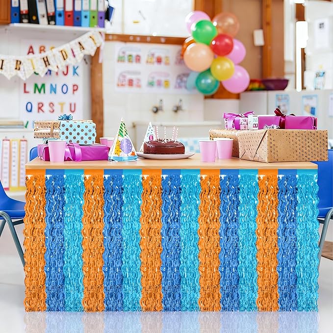 2 Pack Table Skirt, Blue Orange Grass Skirt for Table, Metallic Wavy Tinsel Foil Fringe Desk Skirts, Blue Orange Foil Table Skirt for Birthday Indoor Party Decorations