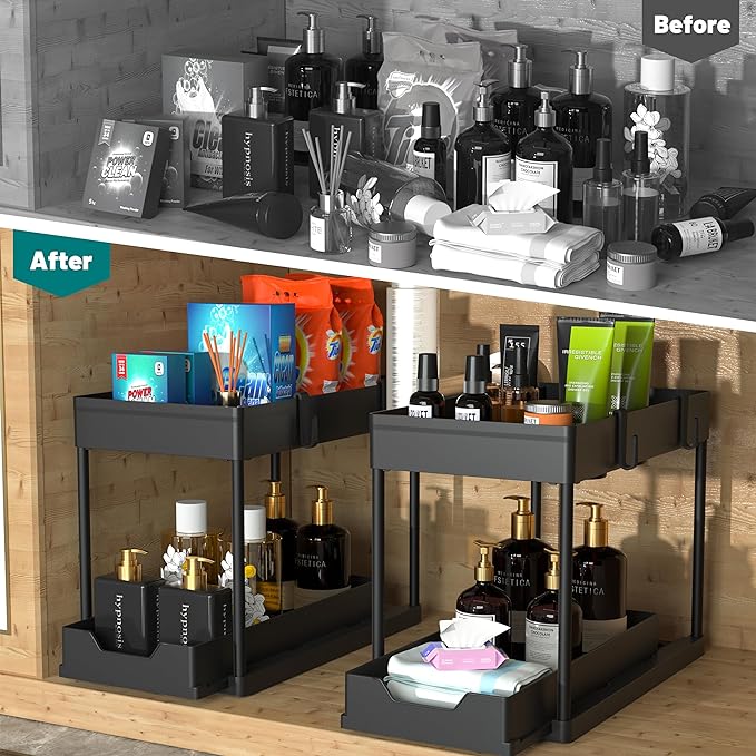2 Pack Under Sink Organizer, 2 Tier Bathroom Cabinet Organizer with Sliding Basket, Multi-Purpose Under Sink Organizers and Storage for Bathroom Kitchen (Black 2 Pack)