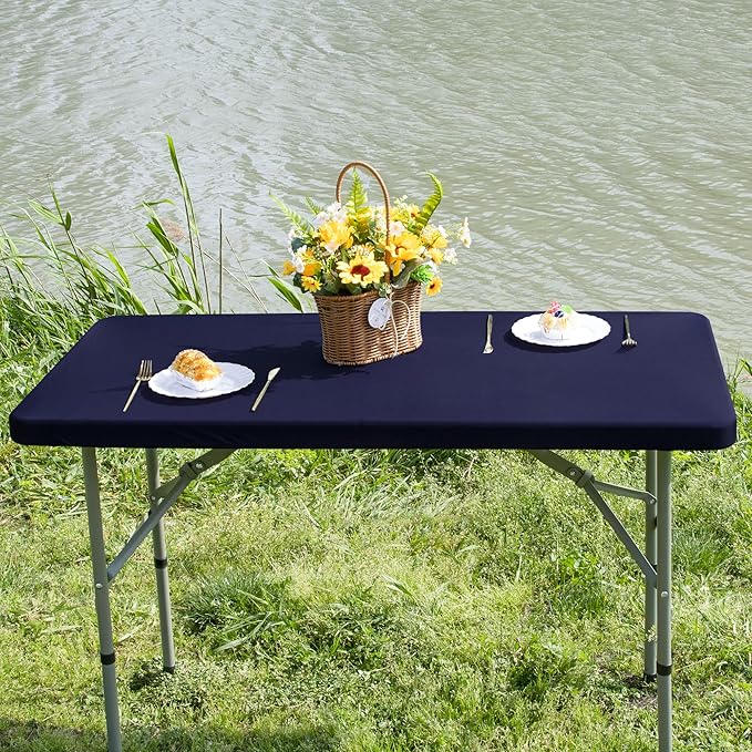 Rectangle Fitted Table Cover Elastic Tablecloth 4ft Stretch Spandex Table Top Cover for Dining Indoor Outdoor Party Navy 23X48 Inch