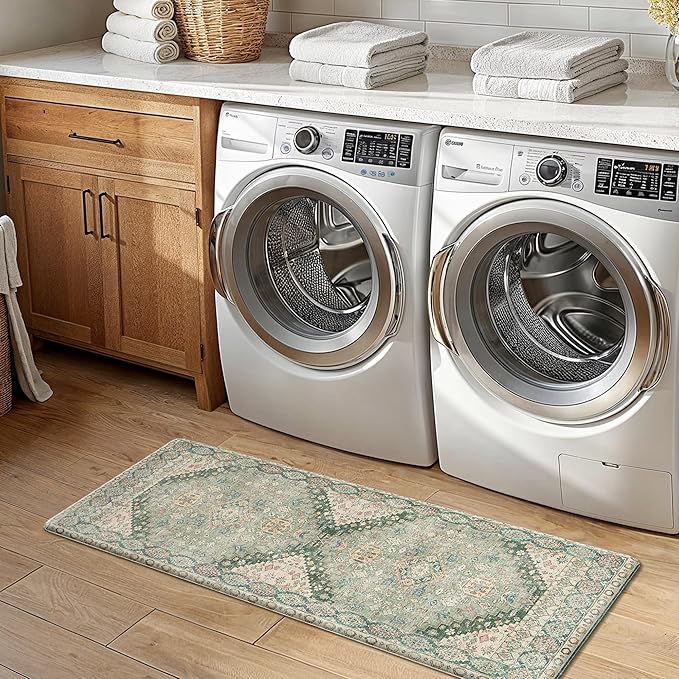 GENIMO Kitchen Mats for Floor, 2PCS Kitchen Rugs Non Slip Washable, Waterproof Anti Fatigue Mat, Comfort Standing Runner Rug for Sink, Office, Laundry, Home, 17.3"x47"+17.3"x30", Muted Green