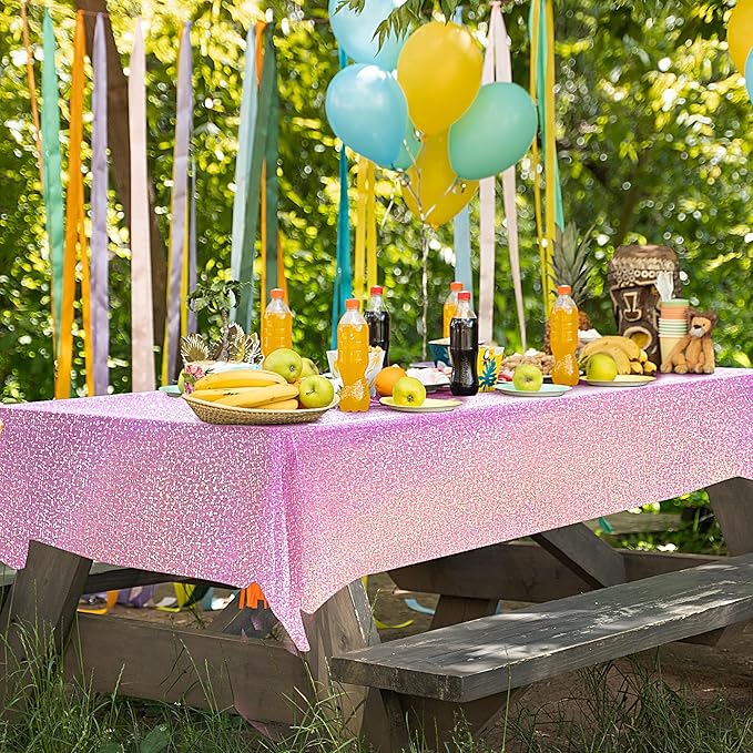 PalePink & Silver Holographic Tablecloth 40" x 108" Hot Pink Party Decoration Valentine's Day Birthday Party Table Decor Iridescence Plastic Table Cloth for Baby Shower Bachelorette Party Supplies