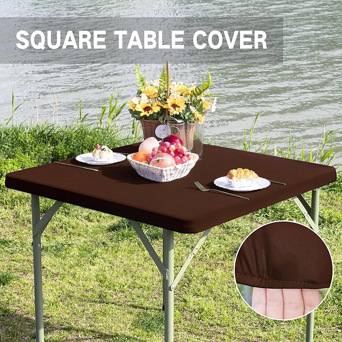 Square Fitted Table Cover Elastic Tablecloth Stretch Spandex Table Top Cover Table Topper Cap for Dining Kitchen Home Party Brown 36X36 Inch