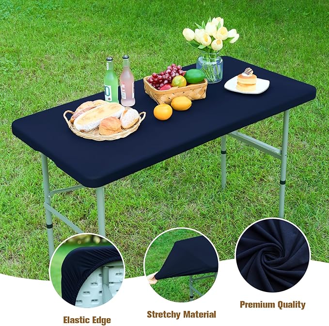 Fitted Rectangle Tablecloth 24 x 48 Inch Elastic Table Cloth for 4ft Table, Stretch Spandex Table Cover Navy Washable Polyester Table Top Cap Cover for Dining Picnic Camping Indoor and Outdoor