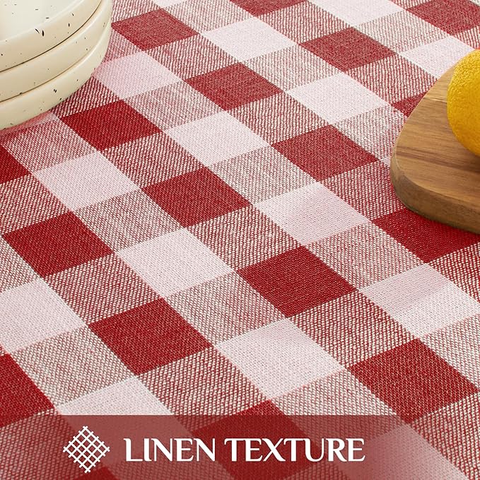 Softalker Checkered Tablecloth Rectangle, Outdoor Linen Cotton Gingham Table Cloth with Tassel, Heavy Duty Wrinkle Free Buffalo Plaid Table Cover for Kitchen Dining Summer Party - 55 x 70 Inch, Red