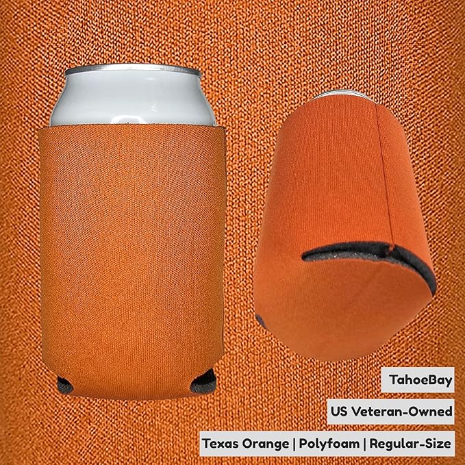 TahoeBay Bulk Blank Beer Can Cooler Sleeves (50-Pack) Sublimation Blanks for Vinyl Plain Soft Foam Can Sleeves Coolers for Soda Cans & Bottles Black, White, Assorted Solid Color (Texas Orange)