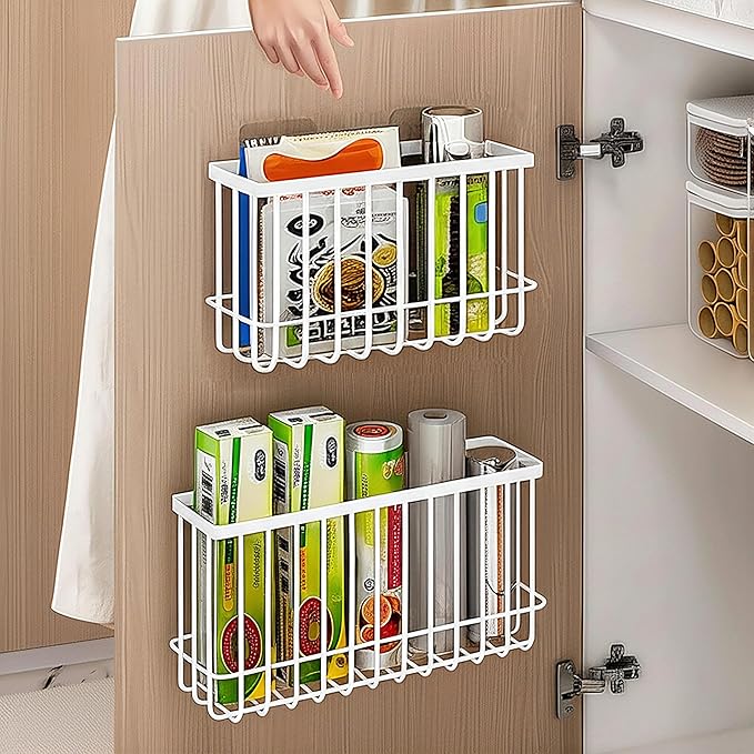 2 Pack Cabinet Organizer Storage, Over Cabinet Door Organizer with 2 Adhesive, 2 Sponges, 4 Hooks, No Drilling Space Saver Lid Organizers Inside Cabinet for Kitchen Office Bedroom (Small, Medium)