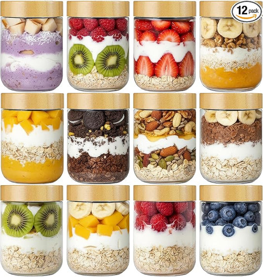 Vtopmart 12 Pack 16oz Glass Overnight Oats Containers with Bamboo Lids, Portable Wide Mouth Glass Jars Leak-proof, Reusable Glass Food Storage Containers for Yogurt Chia Pudding Salad Pickling Snacks