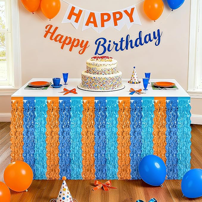 2 Pack Table Skirt, Blue Orange Grass Skirt for Table, Metallic Wavy Tinsel Foil Fringe Desk Skirts, Blue Orange Foil Table Skirt for Birthday Indoor Party Decorations