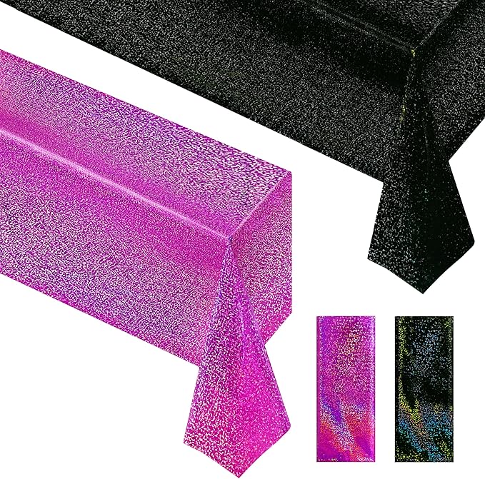 Black & Fuchsia Red Holographic Tablecloth - 40" x 108" Hot Pink Party Decor - Iridescent Plastic Table Cloth for Valentine's Day, Birthday, Halloween & Baby Showers