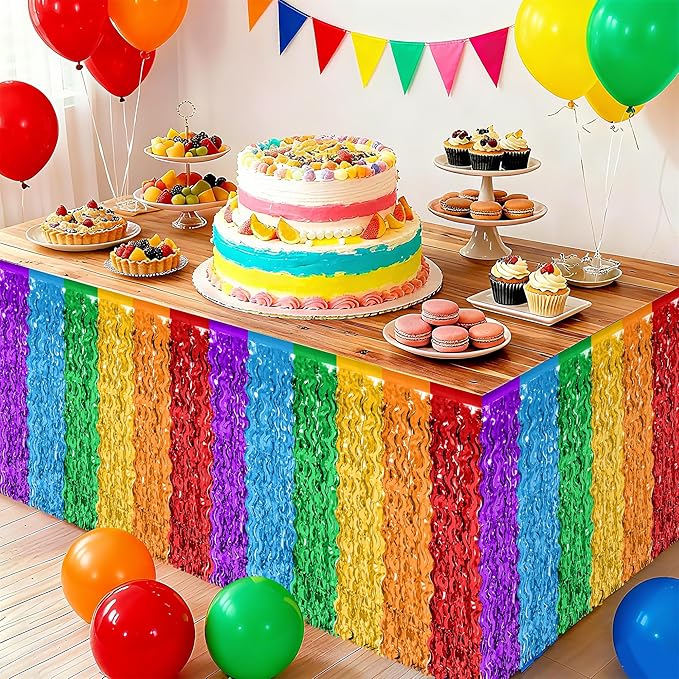 Rainbow Table Skirt, 2Pack Desk Skirts Party Decorations, Colorful Metallic Wavy Tinsel Foil Fringe Table Skirts, Lgbt Rainbow Foil Table Skirt for Birthday Pride Decorations Teacher Pride Month Decor