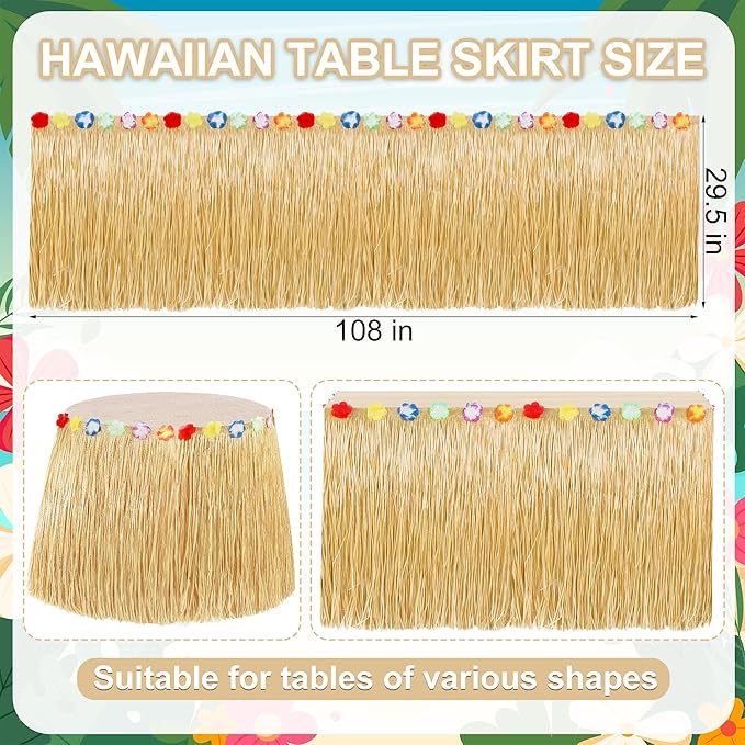 Hawaiian Table Skirt Decor, Gold Green Hawaiian Grass Table Skirt Party Decor, Luau 108 X 29.5" Flower Tropical Hula Dance Home Parties Supplies, Table Skirt Bulk for Summer Beach Themed Activities