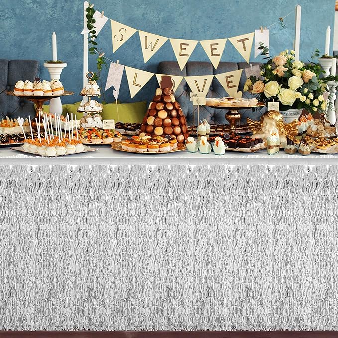 2 Pack Silver Desk Skirt, Metallic Grass Skirt for Table, Birthday Wavy Tinsel Foil Fringe Table Skirts, Foil Table Skirts for Christmas Wedding Birthday Indoor Party Celebrations Decor