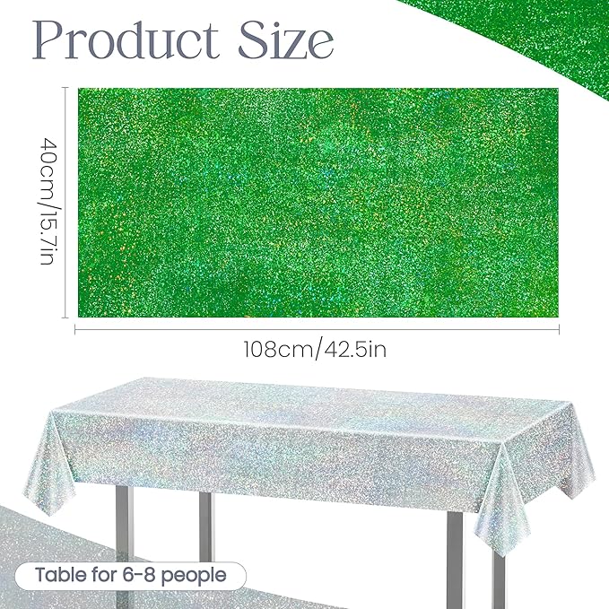 Just Shimmer Sparkling Holographic Laser Tablecloth - Shimmering, Waterproof, Easy to Clean - Ideal for Bachelorette, Birthday, Wedding, and Anniversary Party Decorations (Green & Gold & Silver, 3)