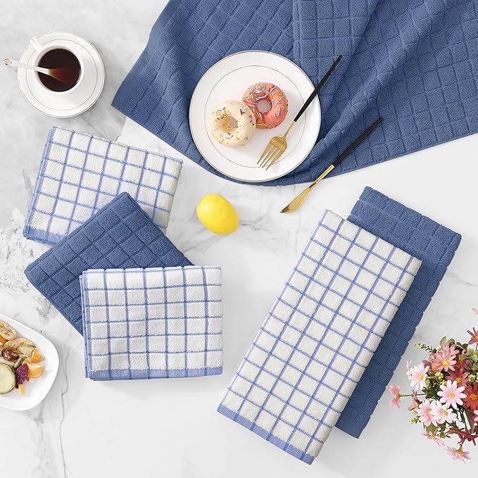 Homaxy Premium Cotton Kitchen Towels 16"x 28", Large Natural Ring Spun 390 GSM Dish Towels, Super Absorbent Terry Kitchen Hand Towels, Soft Tea Towels with Hanging Loop, Navy Blue Check Design, 4 Pack