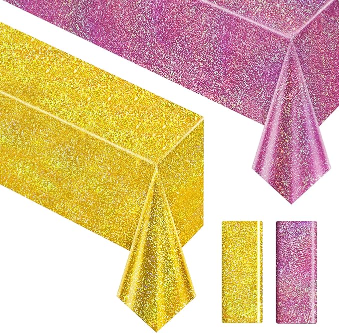 Just Shimmer Sparkling Pink & Gold Holographic Laser Tablecloth - Shimmering, Waterproof, Easy to Clean - Ideal for Bachelorette, Birthday, Wedding, and Anniversary Party Decorations