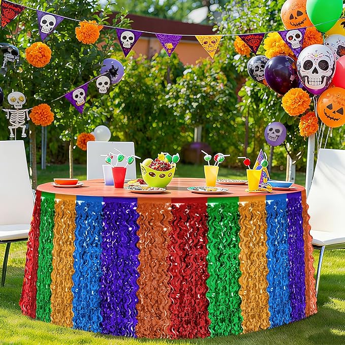 Cinco De Mayo Decorations, 2 Pack Fiesta Table Skirts Supplies for Fiesta Party Decorations, Mexican Theme Metallic Wavy Tinsel Foil Fringe Table Skirts for Photo Booth Props Birthday Table Decor