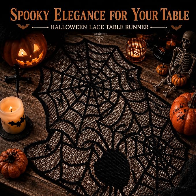 Halloween Decorations - Black Lace Spider Web Table Runner | Halloween Decor Party Favors Supplies for Indoor Outdoor - Halloween Table Centerpiece Decor for Home Office Dining Kitchen, 18 X 72 Inch