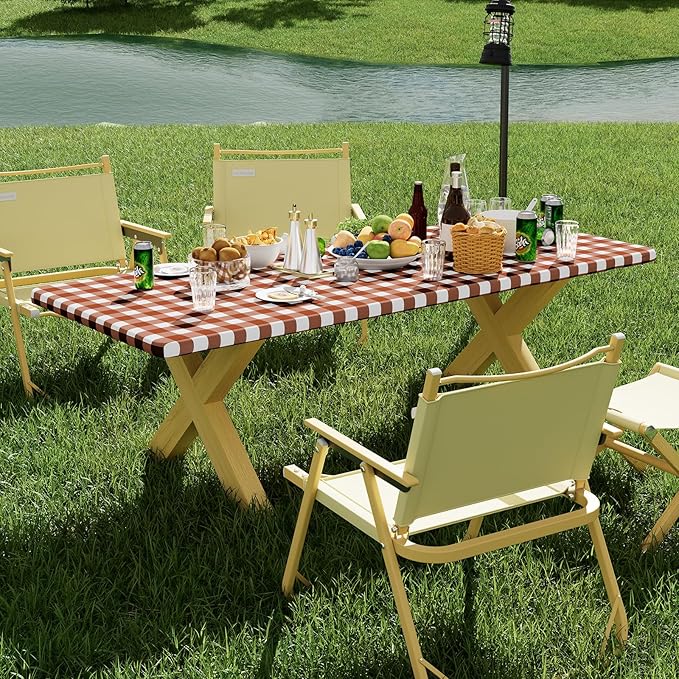 Smiry Picnic Table Cloth 2 Pack, Waterproof Elastic Fitted Tablecloths for 8FT Rectangle Tables, Washable Polyester Buffalo Plaid Tablecloth for Camping, Dining & Outdoor (Rust & White, 30" x 96")