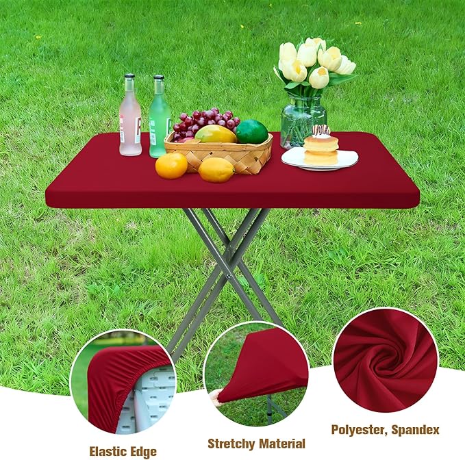 Fitted Rectangle Tablecloth 20 x 30 Inch Elastic Table Cloth for 2.5ft Table, Stretch Spandex Table Cover Burgundy Washable Polyester Table Top Cap Cover for Dining Picnic Camping Indoor and Outdoor