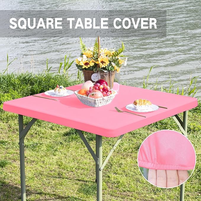 Square Fitted Table Cover Elastic Tablecloth Stretch Spandex Table Topper Cap Cover for Dining Kitchen Home Party Pink 34X34 Inch