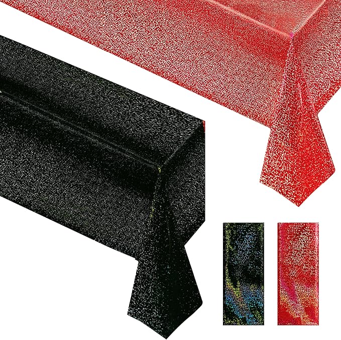 Just Shimmer Sparkling Holographic Laser Tablecloth - Shimmering, Waterproof, Easy to Clean - Ideal for Halloween, Bachelorette, Birthday, Wedding, and Anniversary Party Decorations (Red & Black, 2)