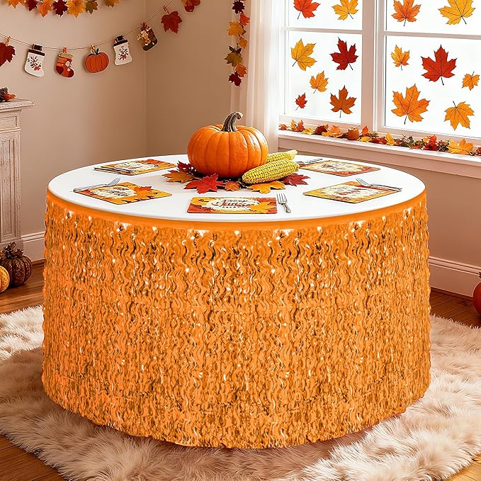 2 Pack Halloween Table Skirt Decor, Orange Fall Foil Grass Skirt for Table, Metallic Wavy Tinsel Foil Fringe Table Skirts, Table Curtain Skirts Thanksgiving Graduations Wedding Birthday Indoor Party