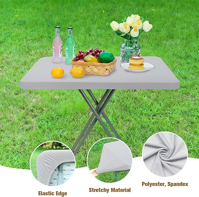 Fitted Rectangle Tablecloth 20 x 30 Inch Elastic Table Cloth for 2.5ft Table, Stretch Spandex Table Cover Silver Washable Polyester Table Top Cap Cover for Dining Picnic Camping Indoor and Outdoor