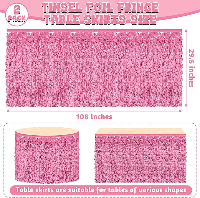 Valentines Day Table Skirt Decor, 2 Pack Pink Foil Grass Table Skirt, Metallic Wavy Tinsel Foil Fringe Table Skirts, Table Skirts for Wedding Birthday Graduations Valentines Day Parade Party
