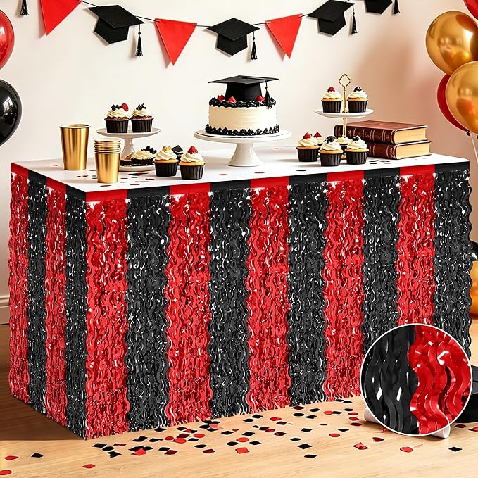 2 Pack 2026 Graduation Party Decorations Desk Skirt, Red Black Desk Grass Skirt for Table, Grad Metallic Wavy Tinsel Foil Fringe Table Skirts, Foil Table Skirt for Birthday Party Class of 2026 Decor