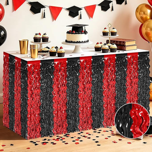 2 Pack 2026 Graduation Party Decorations Desk Skirt, Red Black Desk Grass Skirt for Table, Grad Metallic Wavy Tinsel Foil Fringe Table Skirts, Foil Table Skirt for Birthday Party Class of 2026 Decor