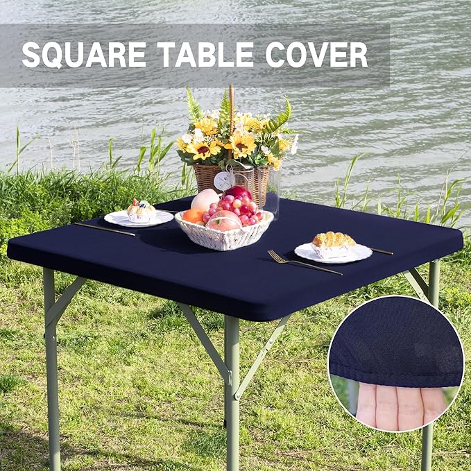Square Fitted Table Cover Elastic Tablecloth Stretch Spandex Table Top Cover Table Topper Cap for Dining Kitchen Home Party Navy 24X24 Inch