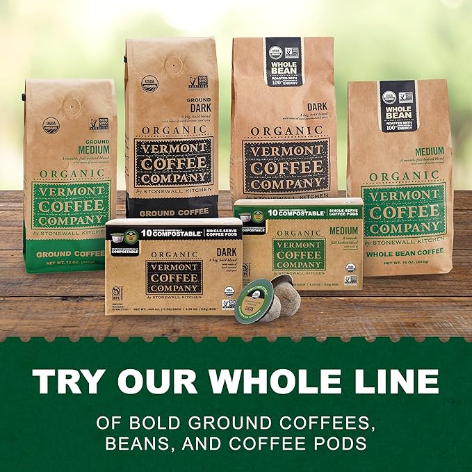 Vermont Coffee Company, Organic Medium Roast, Single-Serve Organic Compostable Coffee Pods for Keurig, 10CT, Compatible with Most Kcups Brewing Systems, Made in the USA